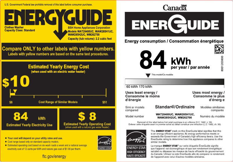 Page n°1 - Label énergétique Bosch WAW285H1UC
