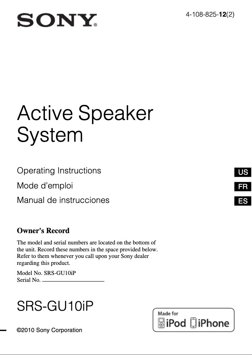 Page 1 de la notice Manuel utilisateur Sony SRS-GU10IP