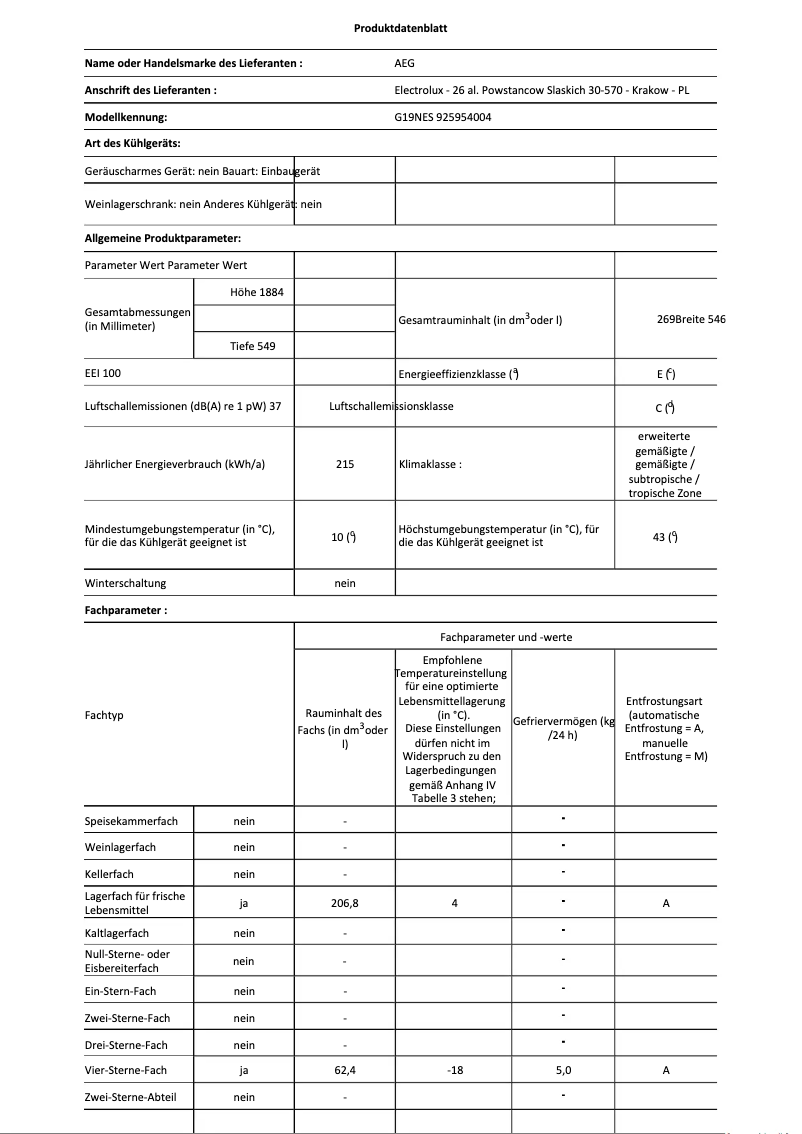 Page n°1 - Fiche technique AEG G19NES