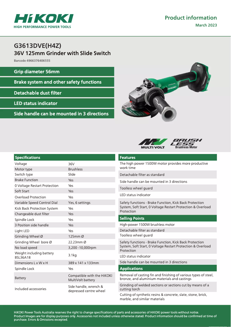 Page 1 de la notice Fiche technique HiKOKI G3613DVE