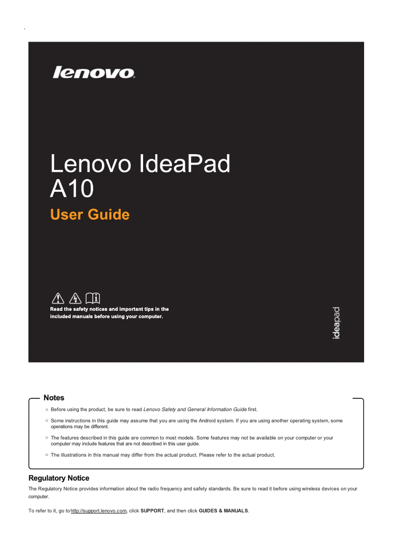 Image de la première page du manuel de l'appareil IdeaPad A10