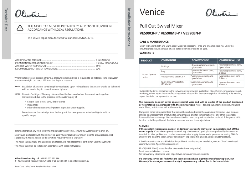 Page 1 de la notice Manuel utilisateur Oliveri VE590FBN-P