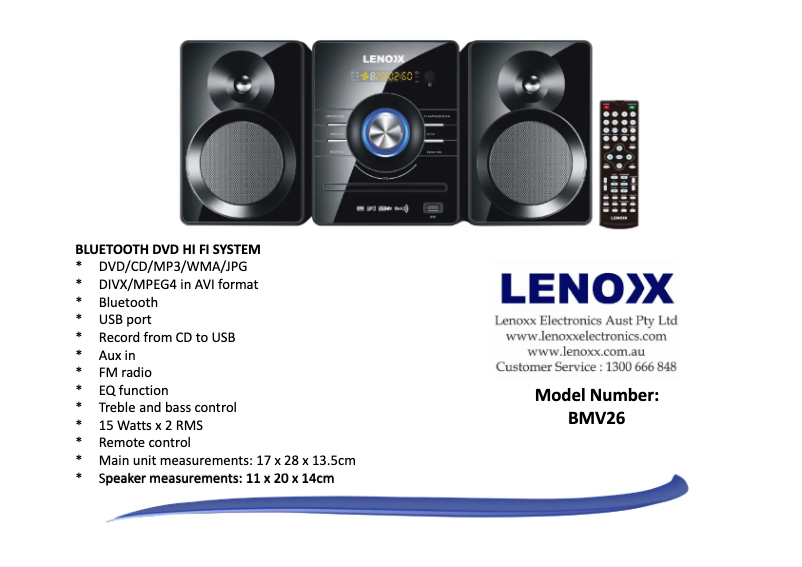 Page 1 de la notice Fiche technique Lenoxx BMV26