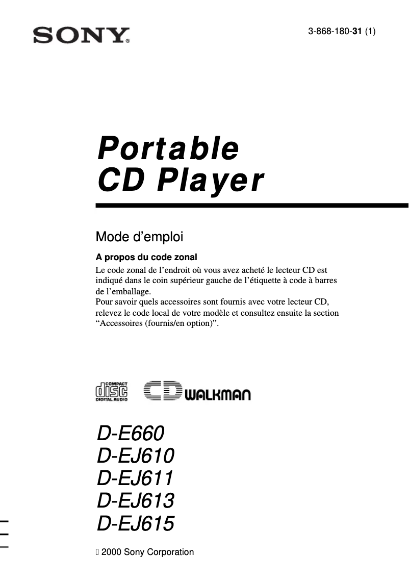 Image de la première page du manuel de l'appareil Discman D-EJ611