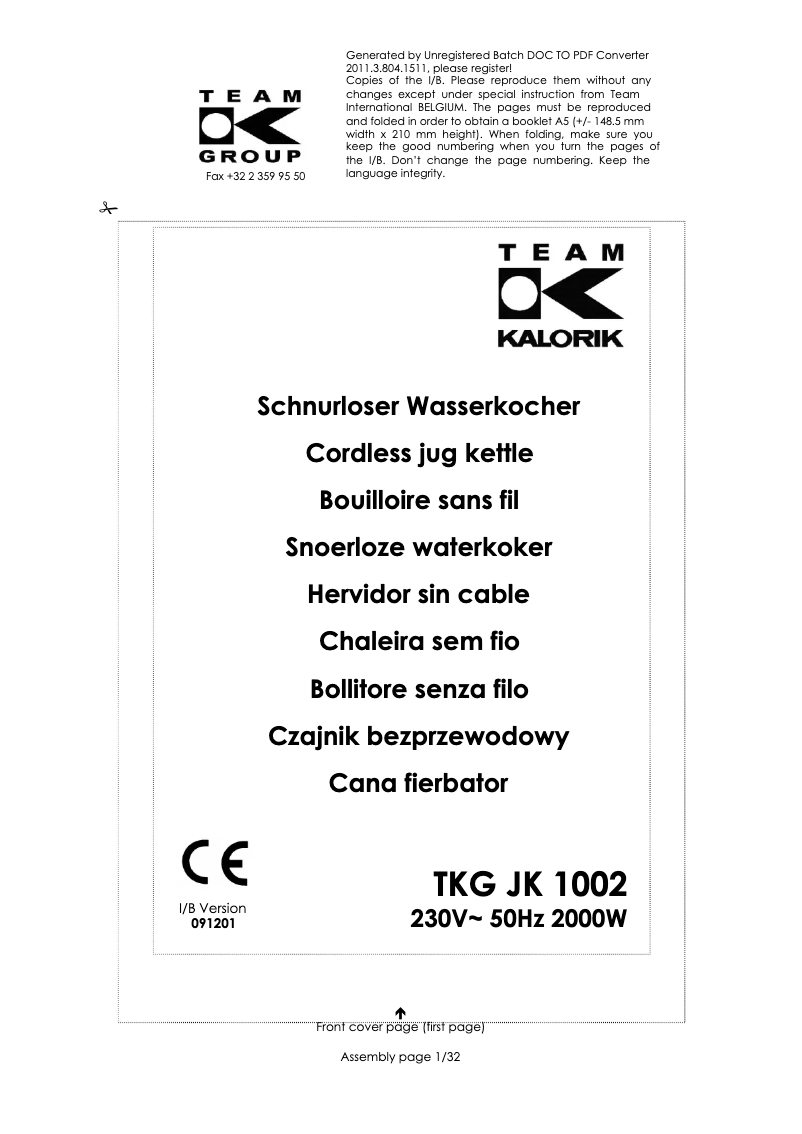 Page 1 de la notice Manuel utilisateur Kalorik TKG JK 1002