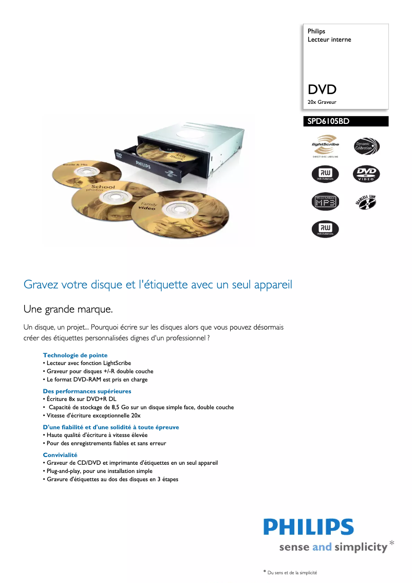 Page 1 de la notice Fiche technique Philips SPD6105BD