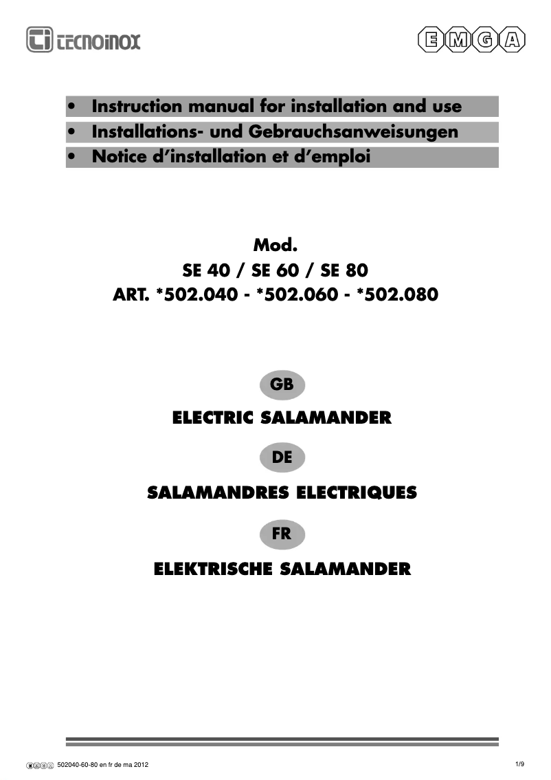 Page n°1 - Manuel utilisateur Tecnoinox SE 40