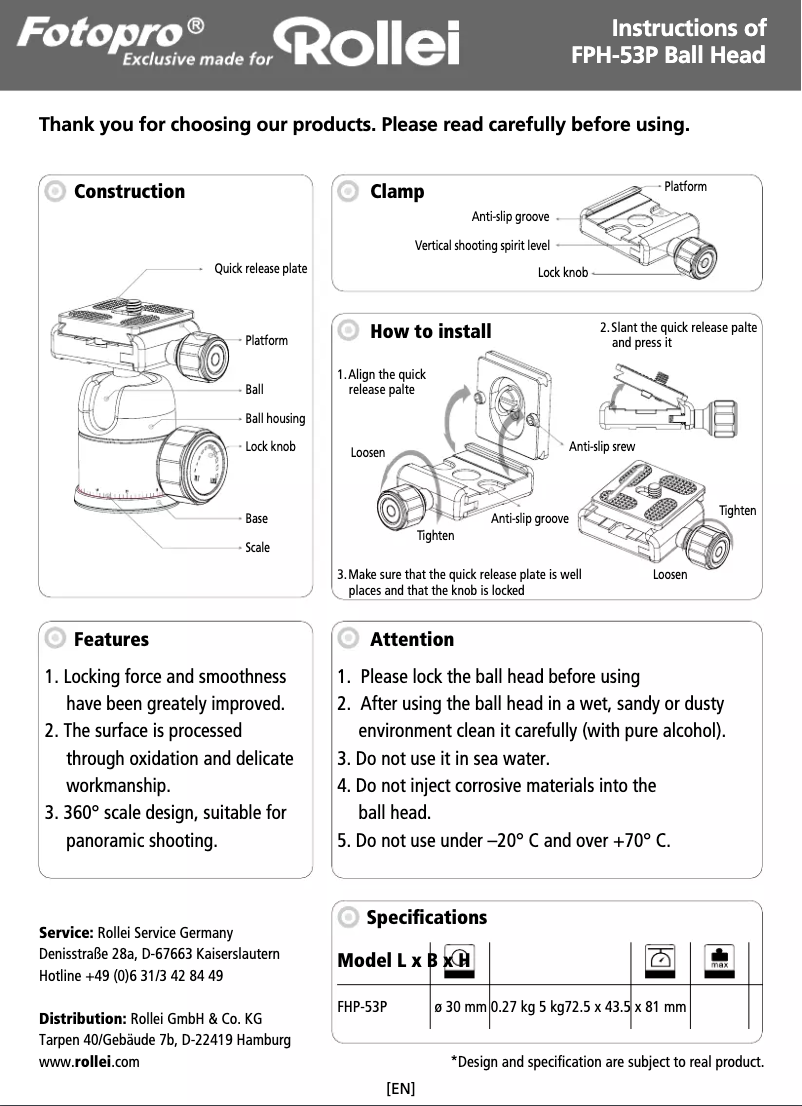 Page 1 de la notice Manuel utilisateur Rollei FPH-53P