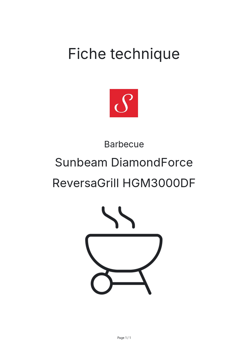 Page n°1 - Fiche technique Sunbeam DiamondForce ReversaGrill HGM3000DF