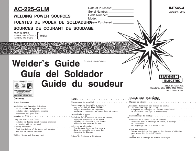 Page 1 de la notice Manuel utilisateur Lincoln Electric AC-225-GLM