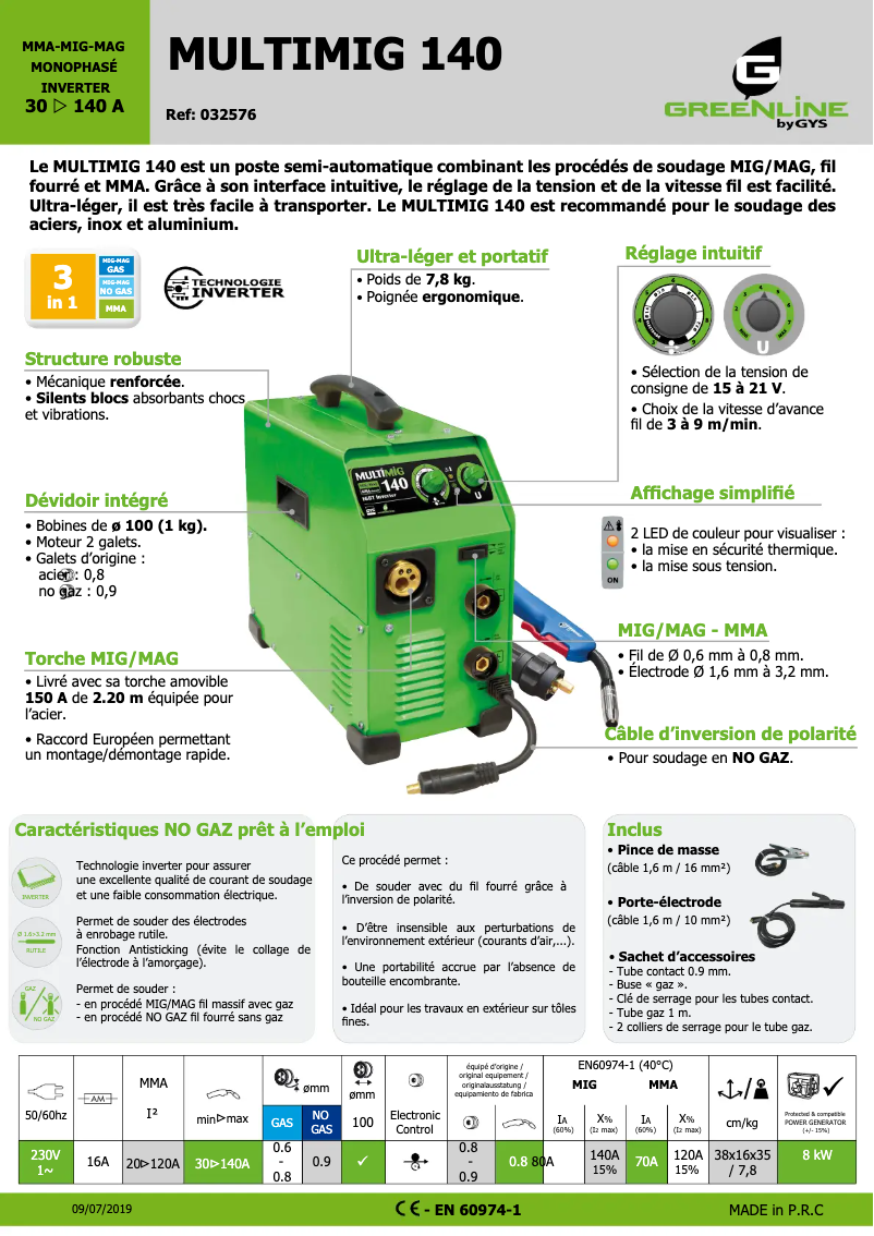 Page 1 de la notice Fiche technique GYS Multimig 140