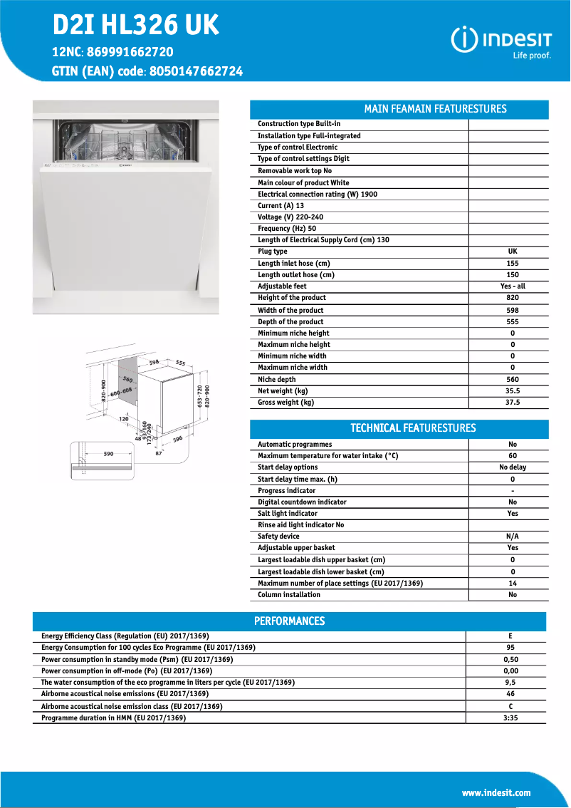 Page n°1 - Fiche technique Indesit D2I HL326