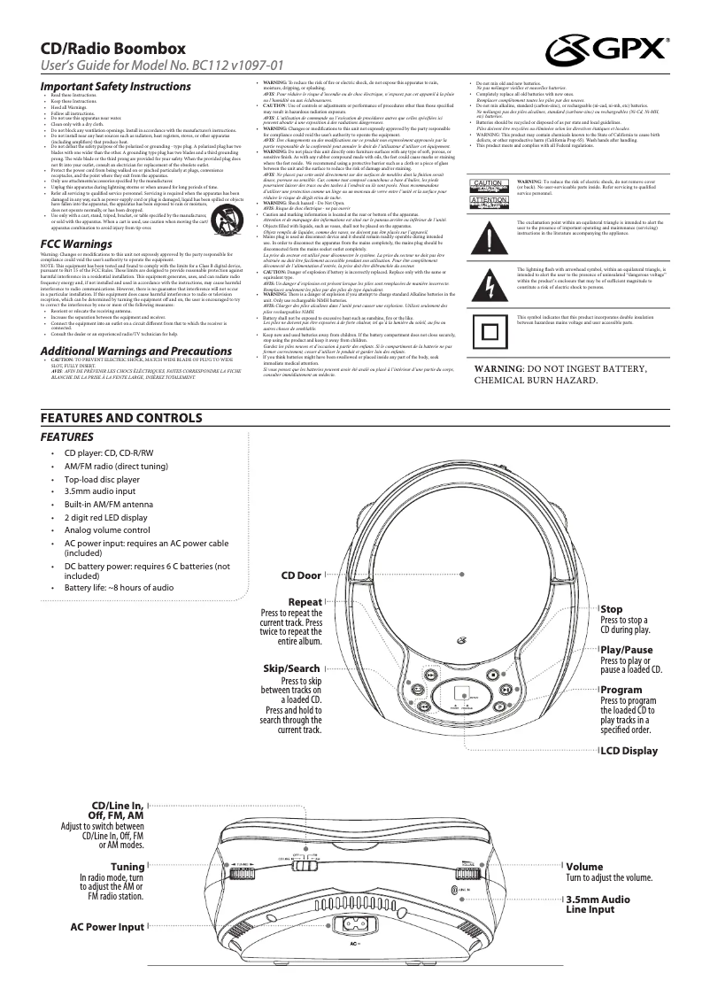 Page 1 de la notice Manuel utilisateur GPX BC112B