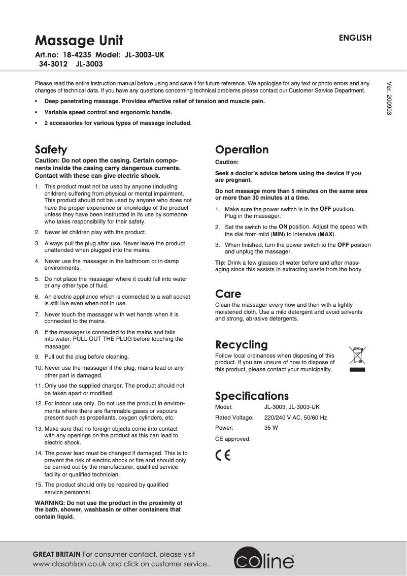 Page 1 de la notice Manuel utilisateur Coline JL-3003