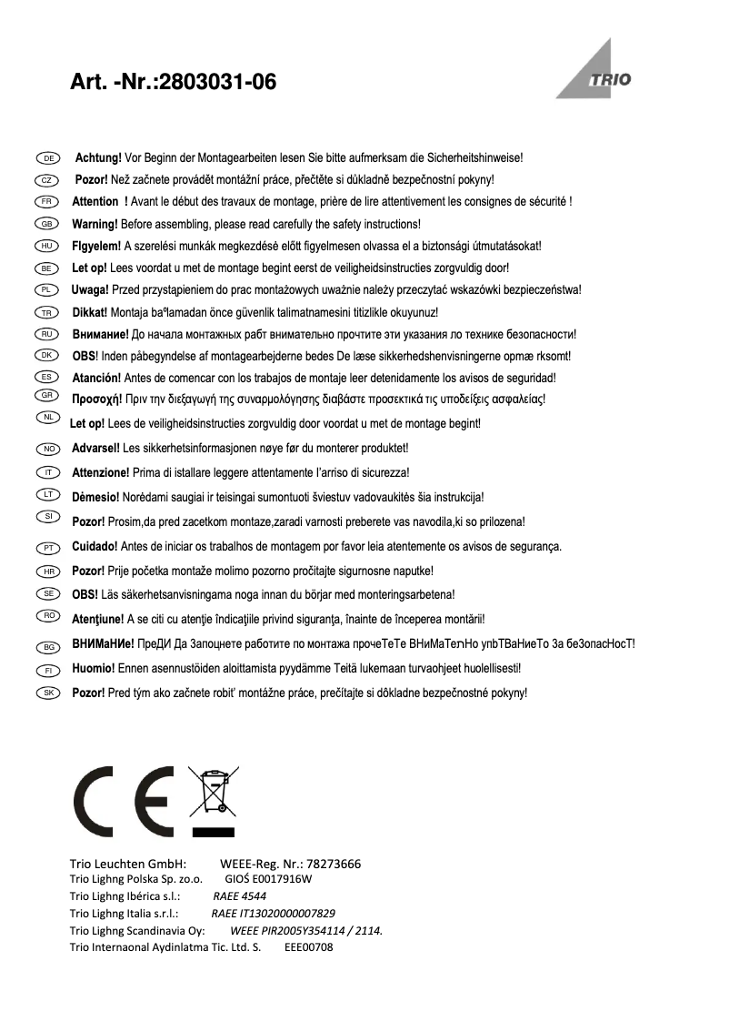 Page n°1 - Manuel utilisateur Trio Lighting Xavi 2803031-06
