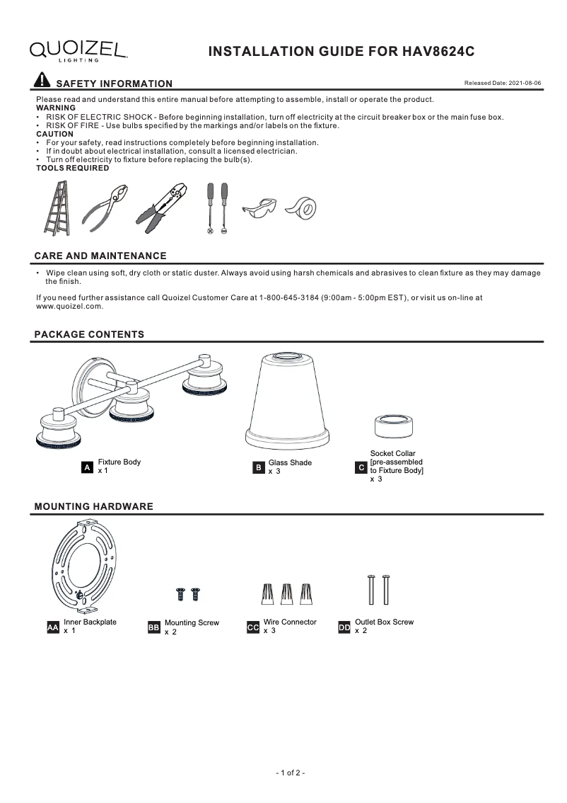 Page 1 de la notice Manuel utilisateur Quoizel Haverfield HAV8624C