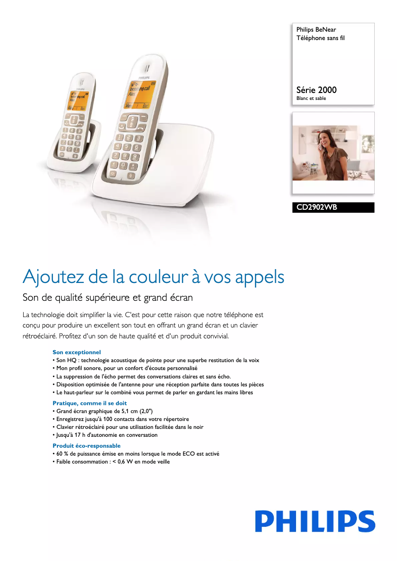 Page 1 of the manual Technical Sheet Philips BeNear CD2902WB