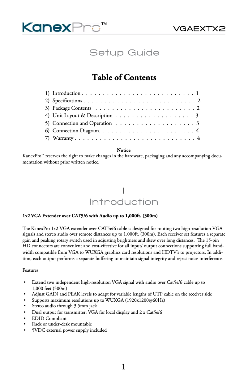 Page n°1 - Manuel utilisateur KanexPro VGAEXTX2
