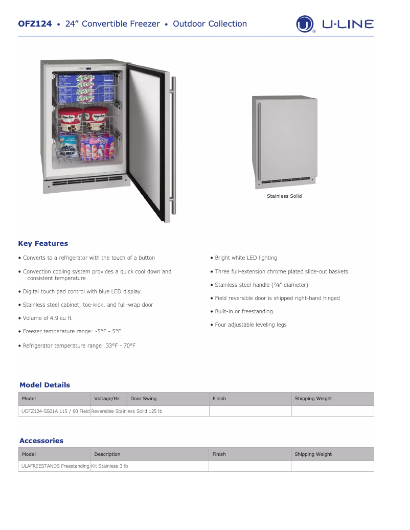 Page n°1 - Fiche technique U-Line UOFZ124