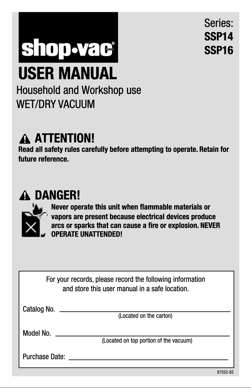 Page 1 of the manual User Manual Shop-Vac SSP16