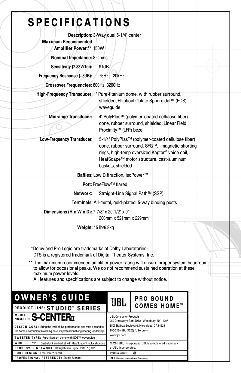 Page n°1 - Manuel utilisateur JBL Studio S Center II