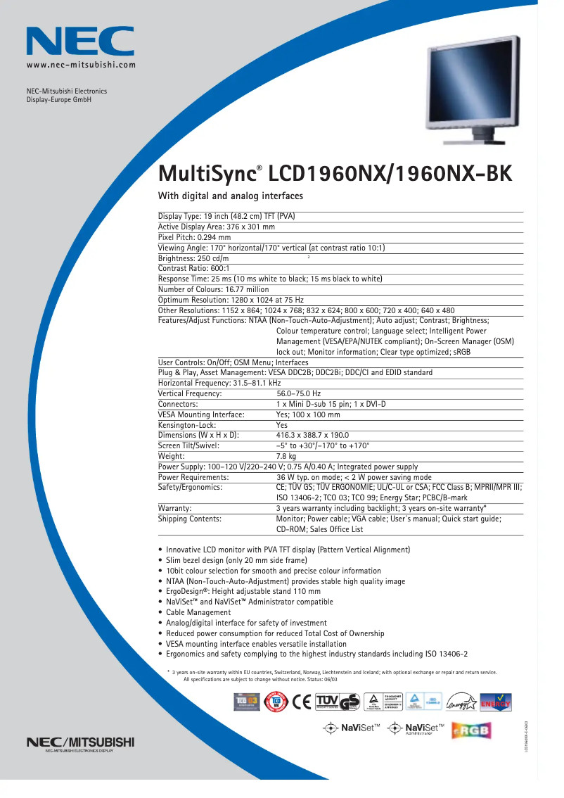 Imagen de la primera página del manual del dispositivo MultiSync LCD1960NXBK