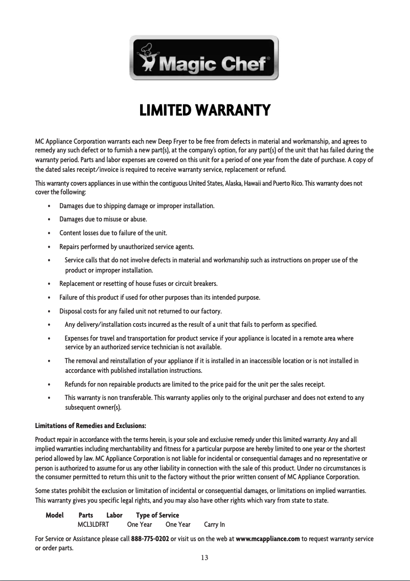 Page 1 de la notice Informations de garantie Magic Chef MCL3LDFRT