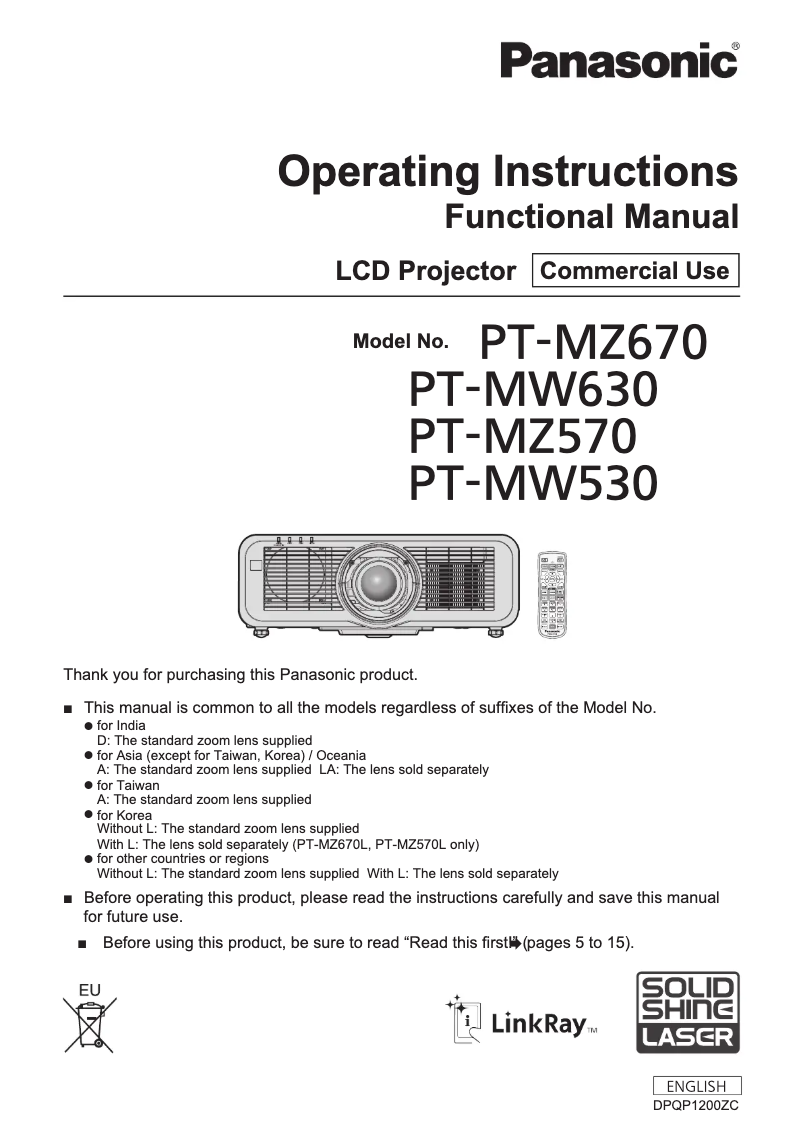 Page 1 de la notice Manuel utilisateur Panasonic PT-MZ570E