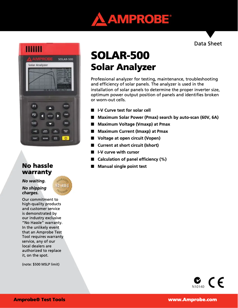 Page 1 de la notice Fiche technique Amprobe SOLAR-500
