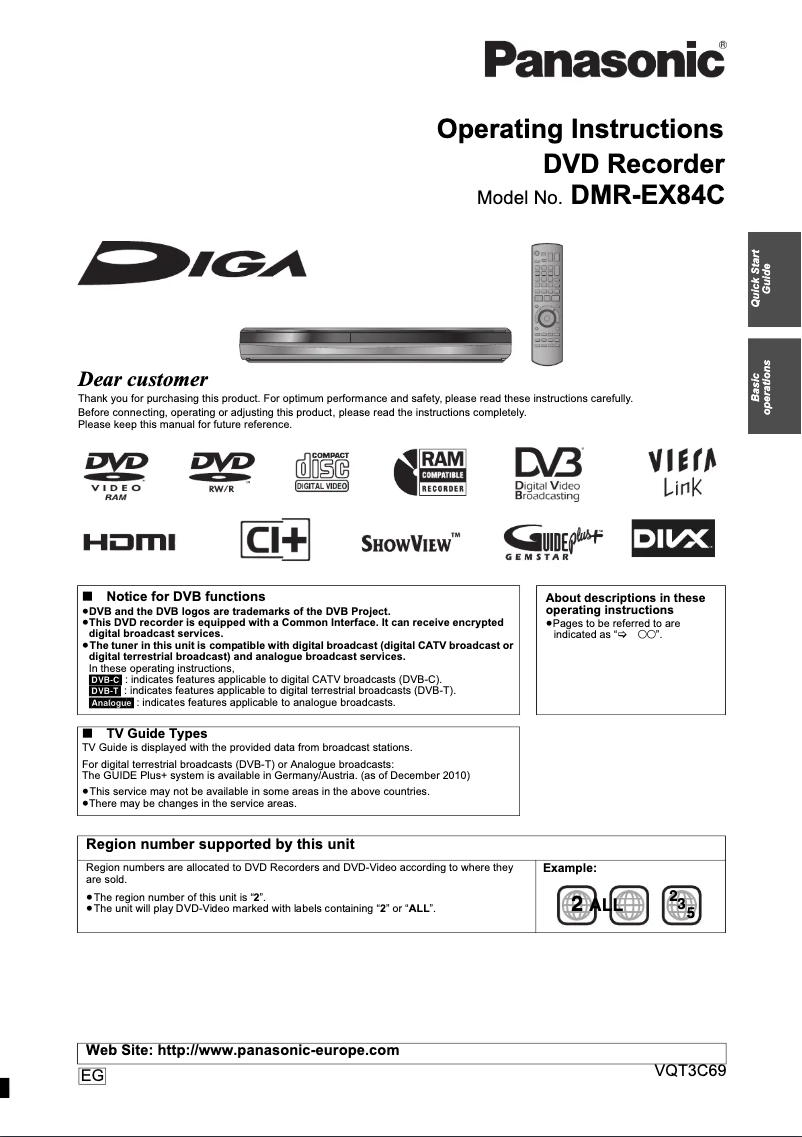 Page 1 de la notice Manuel utilisateur Panasonic DMR-EX84C