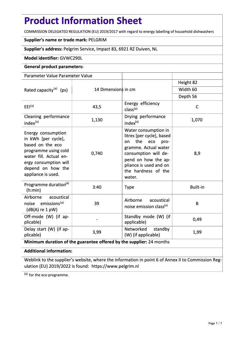 Page 1 de la notice Fiche technique Pelgrim GVWC290L