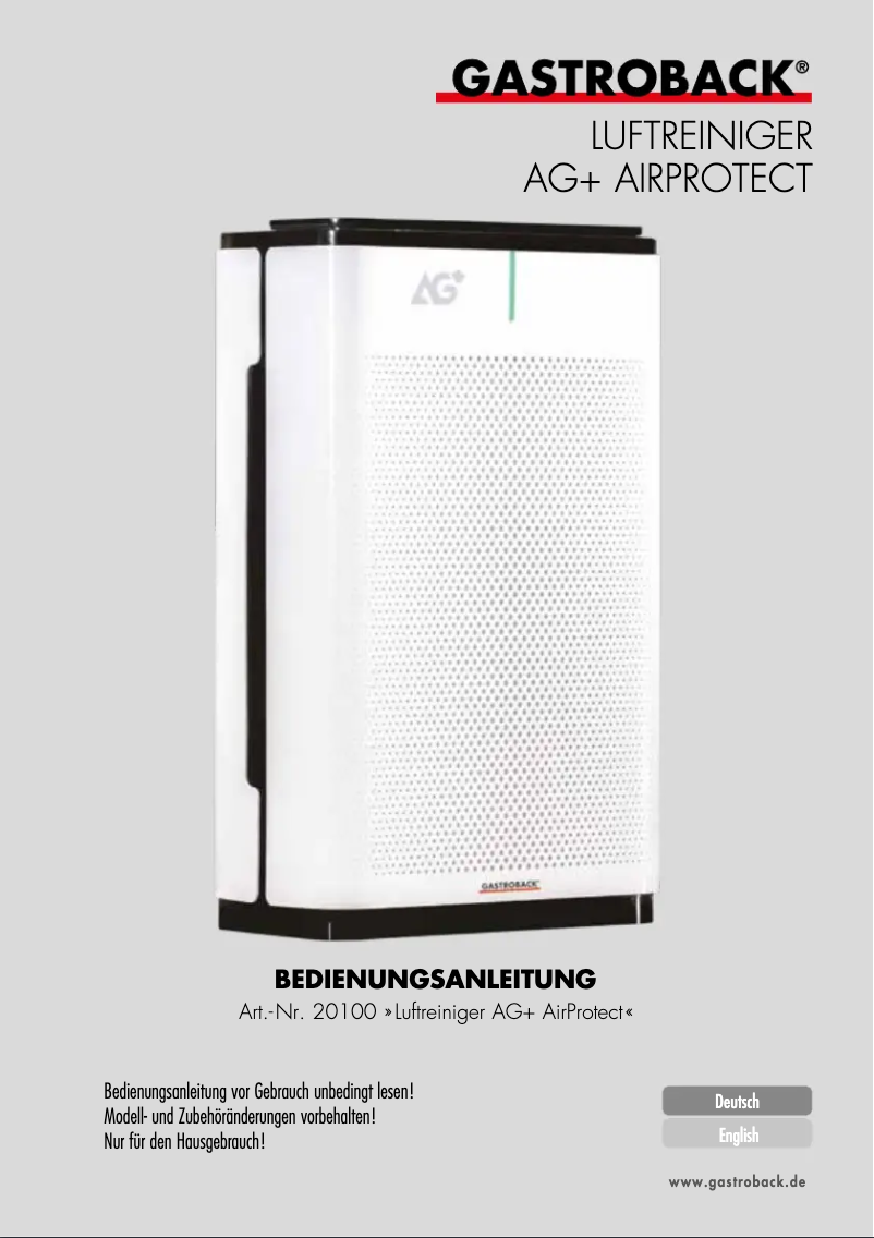Page 1 de la notice Manuel utilisateur Gastroback AG+ AirProtect 20100