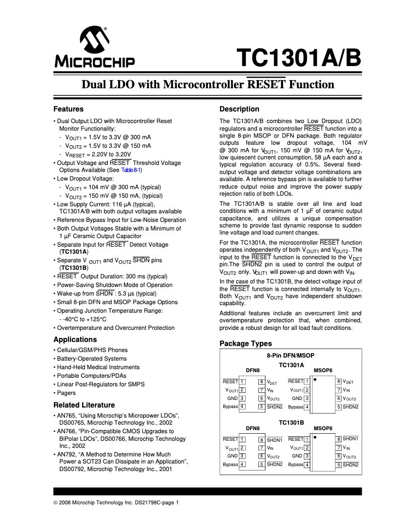 Page 1 de la notice Fiche technique Microchip TC1301A