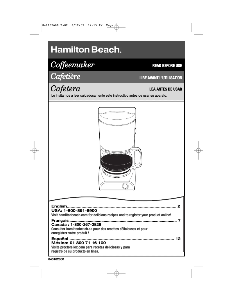 Page 1 de la notice Manuel utilisateur Hamilton Beach Aroma Express 48134