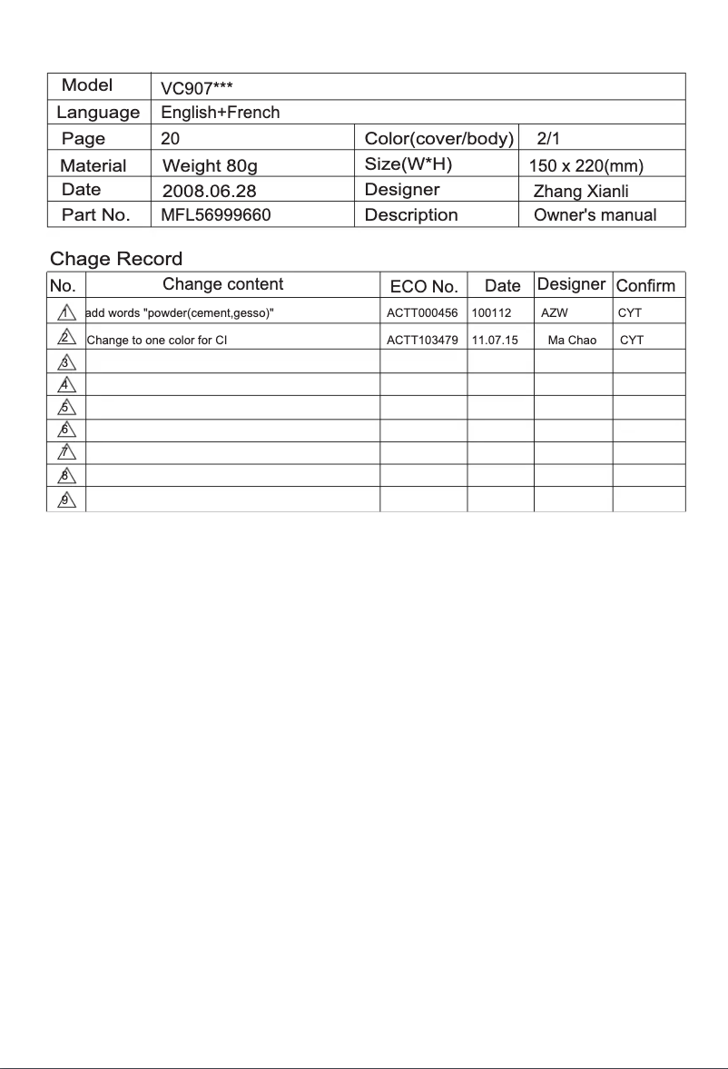 Page 1 de la notice Manuel utilisateur LG VC9075R