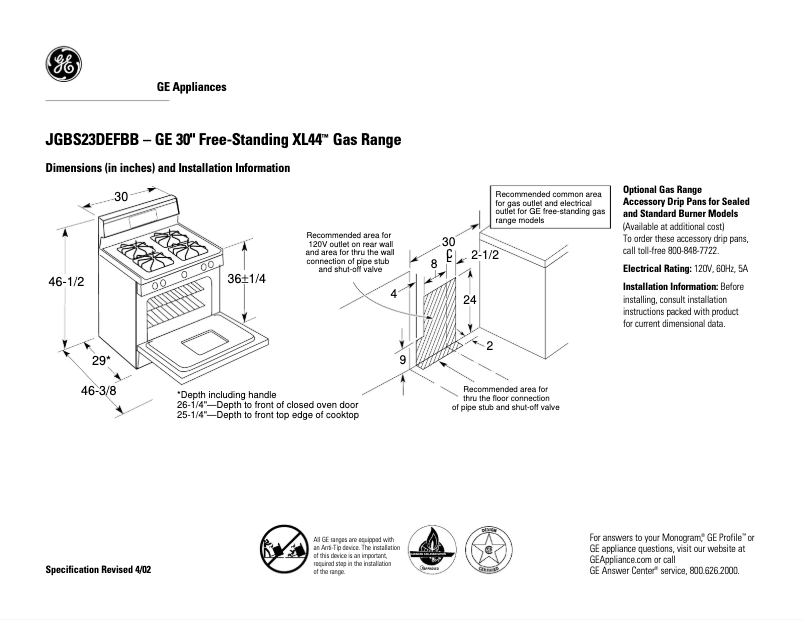 Page 1 of the manual Technical Sheet GE JGBS23DEFBB