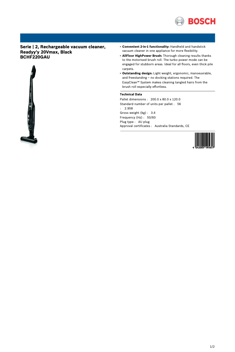 Page 1 de la notice Fiche technique Bosch Readyy'y BCHF220GAU