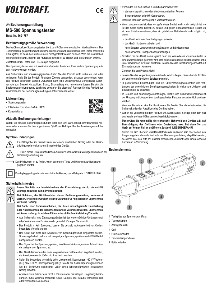Page 1 de la notice Manuel utilisateur Voltcraft MS-500