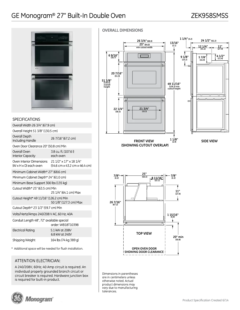 Page 1 de la notice Fiche technique GE ZEK958BMBB
