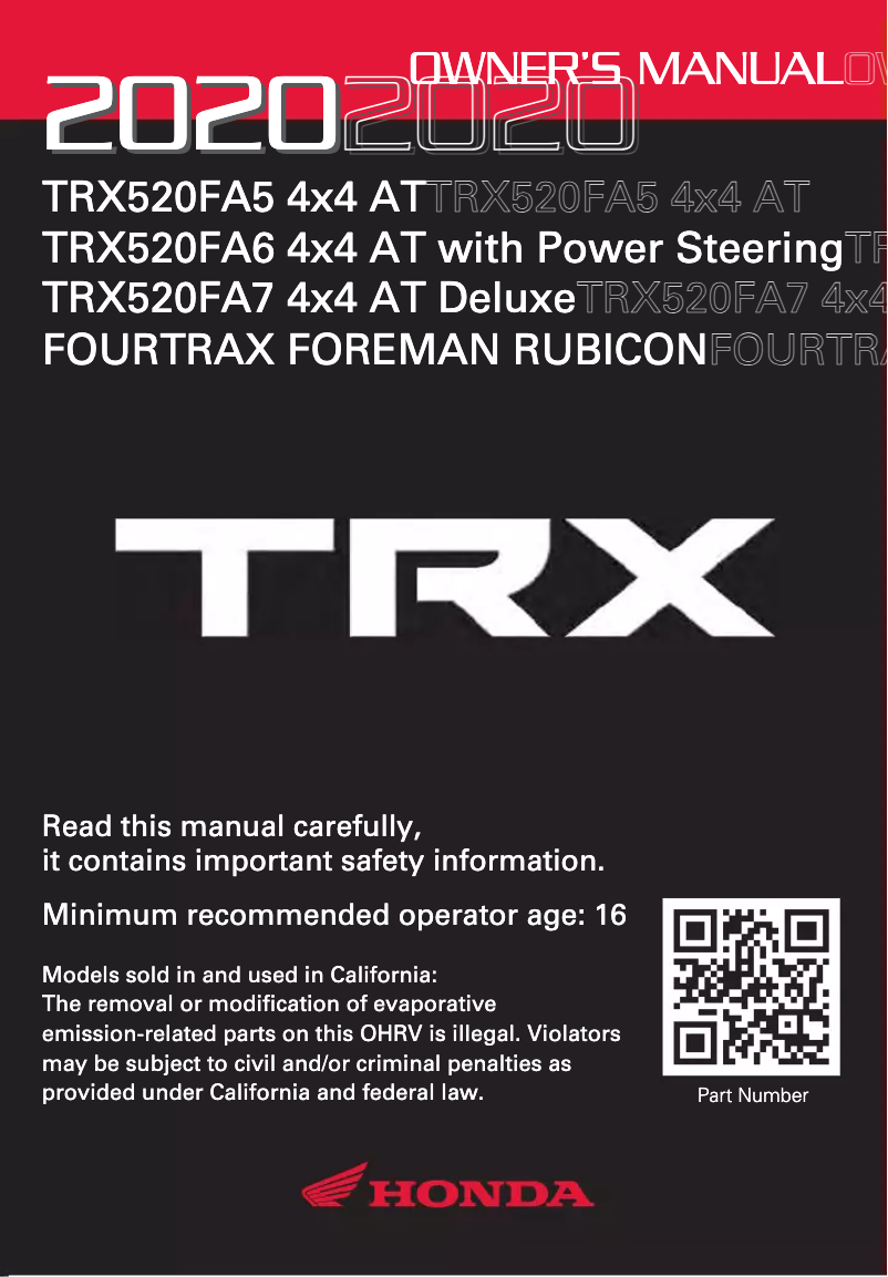 Page 1 de la notice Manuel utilisateur Honda FourTrax Foreman Rubicon TRX520FA (2020)