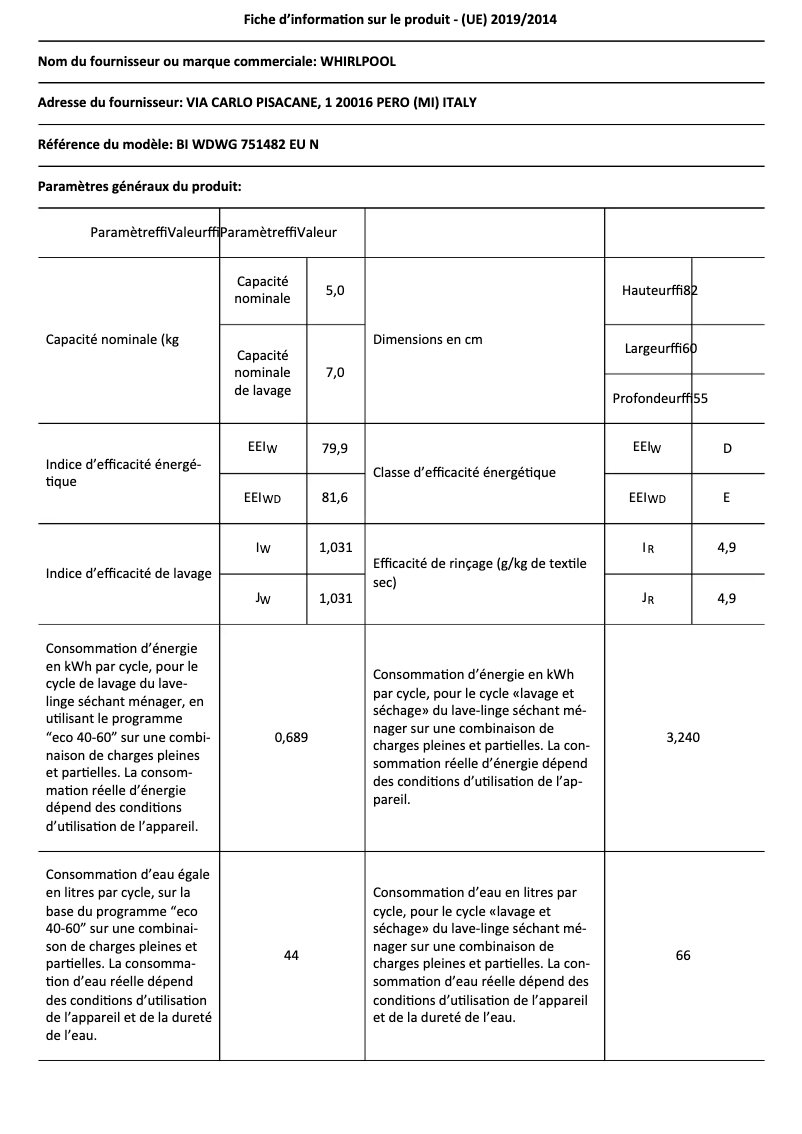 Page 1 de la notice Fiche technique Whirlpool BI WDWG 75148 EU