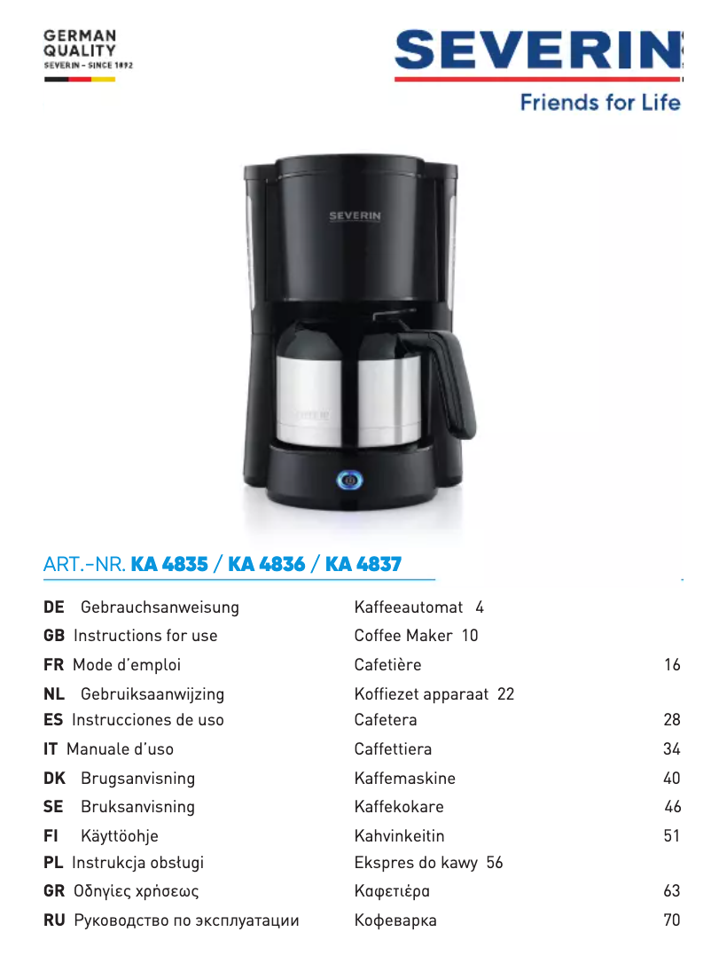 Page 1 de la notice Fiche technique Severin KA 4835