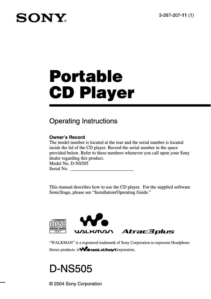 Image de la première page du manuel de l'appareil Walkman D-NS505