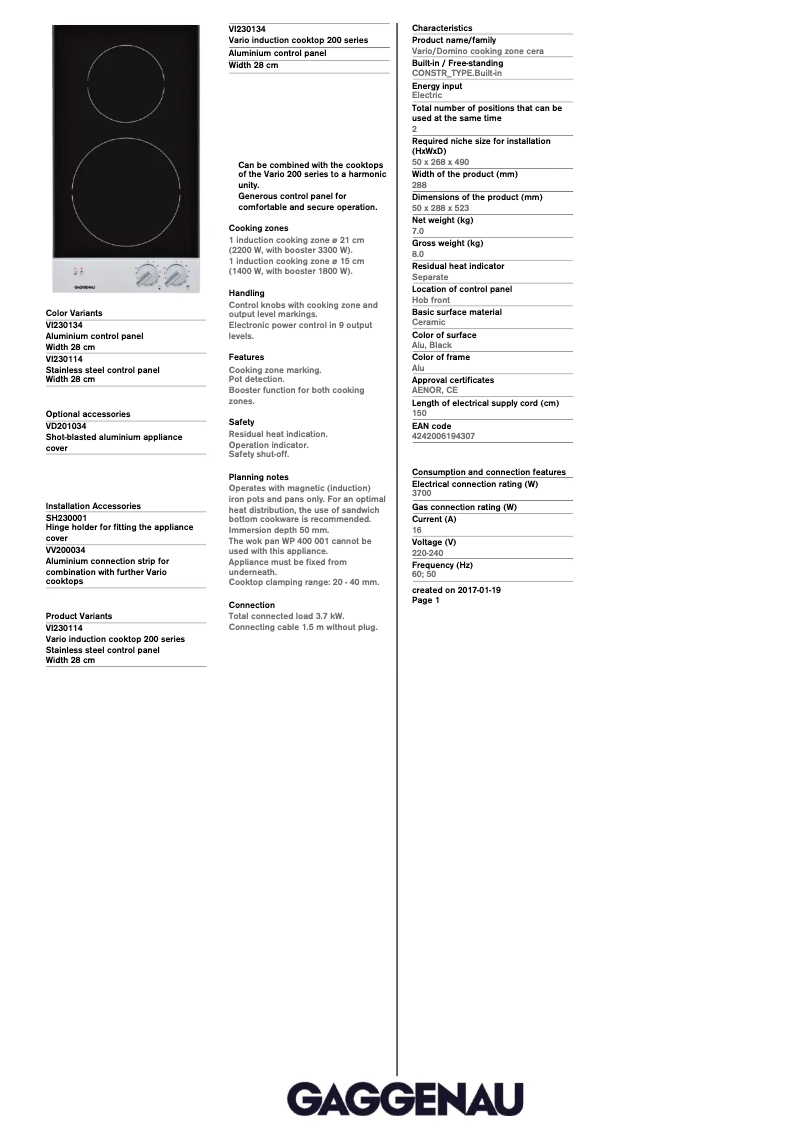 Página 1 del manual Ficha técnica Gaggenau VI 230