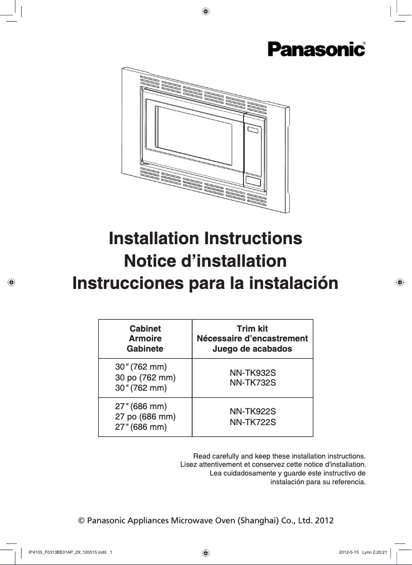 Page 1 de la notice Guide d'installation Panasonic NN-TK932SS