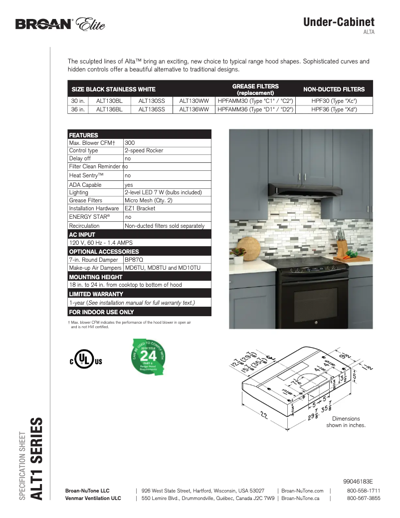 Page n°1 - Fiche technique Broan ALT136SS
