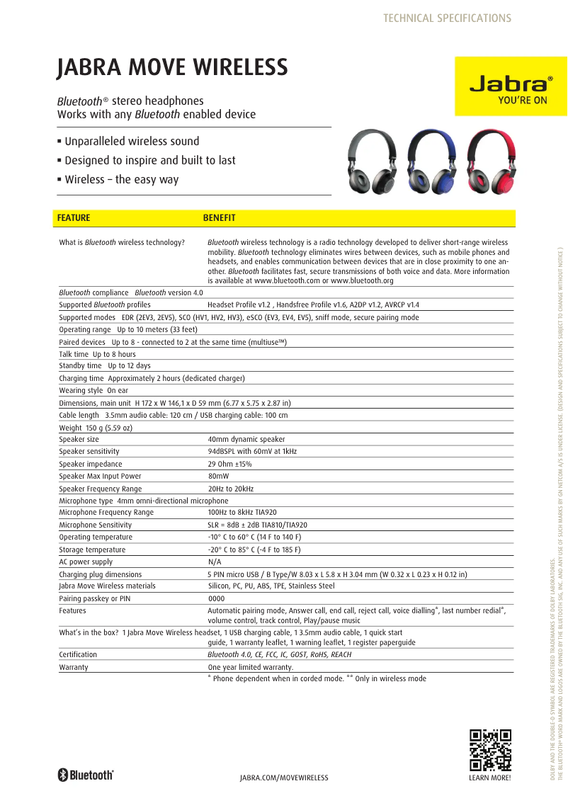 Page 1 de la notice Fiche technique Jabra Move Wireless