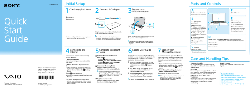 Page n°1 - Guide d'installation Sony Vaio Fit 15 SVF15A16CXB