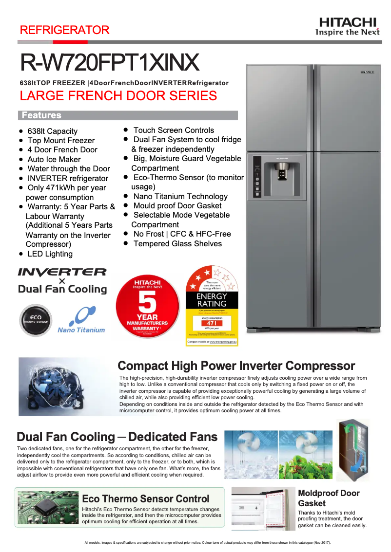 Page 1 de la notice Fiche technique Hitachi R-W720FPT1X