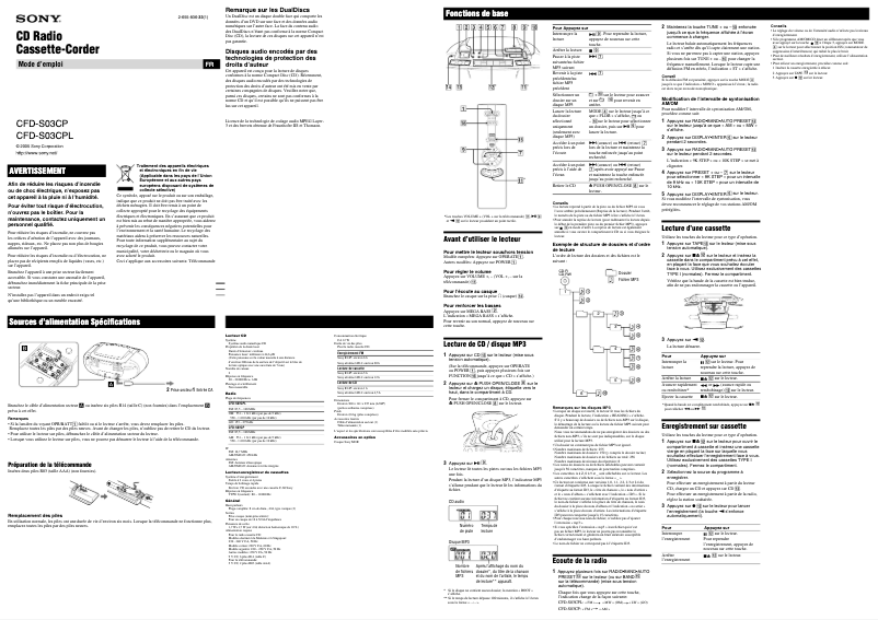 Page 1 de la notice Manuel utilisateur Sony CFD-S03CP